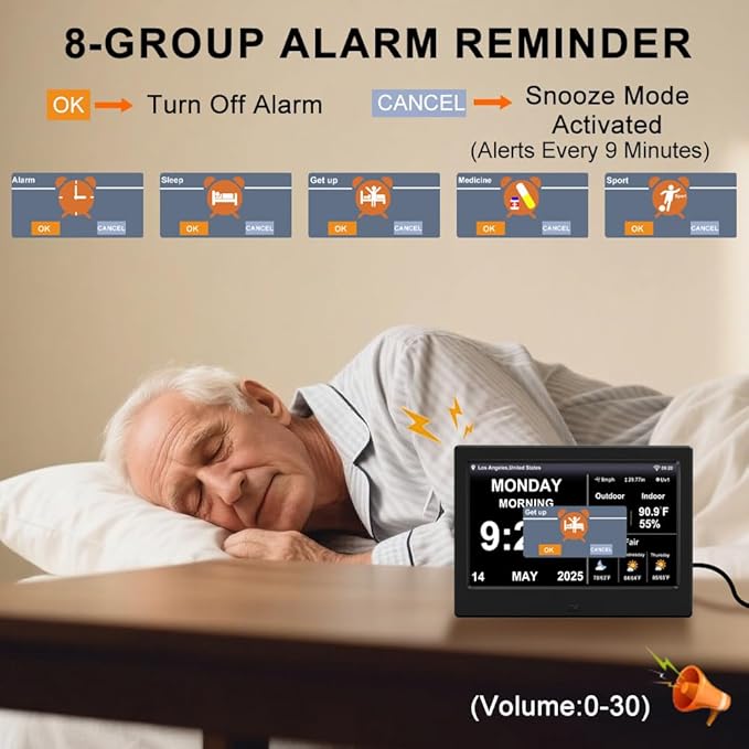 Digtial Calendar Clock with Day and Date Alarm Clock with Weather Temperature Humidify Dementia Alzheimers Elderly Auto Dimmable 8 Alarm Options (Black,7in Weather Clock)