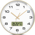TIMESS Wall Clock, 10" Dial Non-Ticking Silent Battery Operated Analog with LCD Display for Perpetual Calendar and F° Temperature, Ideal Modern Home, Bedroom, Kitchen, Office Decor (Gold)