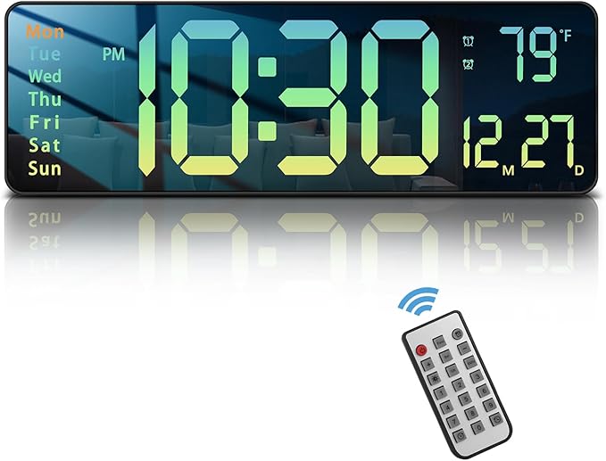 JoFomp Modern 16" Large Digital Wall Clock with Remote Control, LED Display, Auto-Dimming, Countdown, Temperature, Calendar - 12/24Hr Format - Silent Wall Clock for Home, Office (Gradient Green)