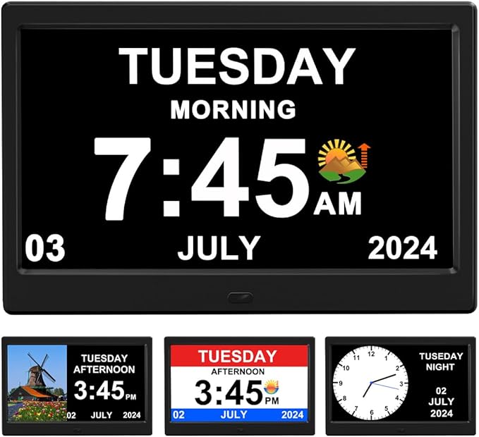 Alarm Clock with Day and Date for Elderly Digital Calendar Clock Photo Frame- Auto Dimmable Display 15 Alarm Options, Clock with Non-Abbreviated Day & Month (10.1 inch Black)