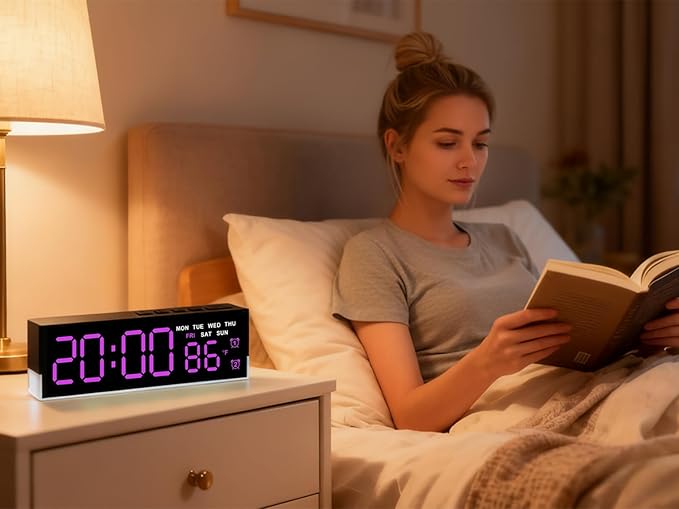 45MinST 7-Inch LED Digital Alarm Clock with Bottom Glow Light｜Displays Time, Date, Day, Temperature ｜Dual Alarms, DST,Auto/Manual 3-Level Brightness,Battery or USB Powered Desk Clock,Rose Red