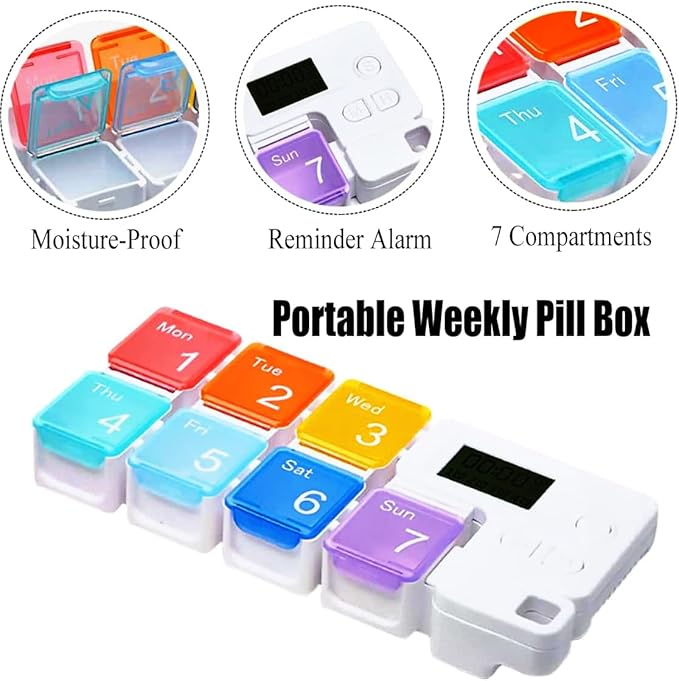 7 Days Pill Dispenser Organizer with Reminder Alarm,Daily Medicine Dispenser,Portable Weekly Pill Box,Travel Vitamins Fish Oils Small Supplements Medicine Box Case (Blue)