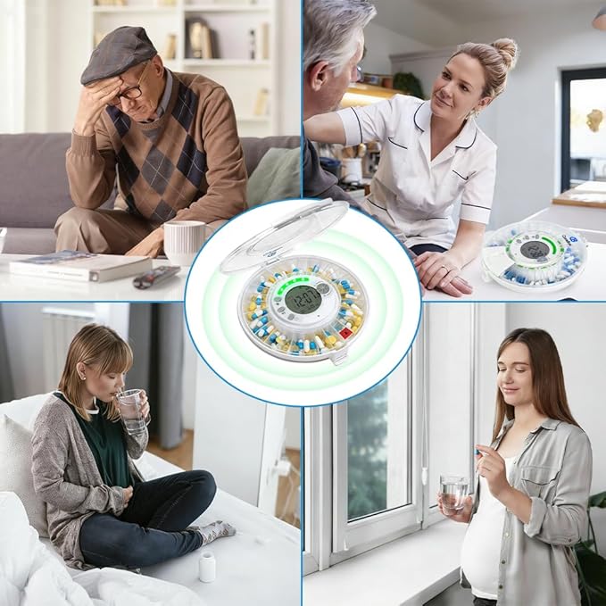 28-Day Automatic Pill Dispenser with Alarm & Light Alerts, Clear LCD Display, Key Lock, Smart Medication Organizer for Seniors, Alzheimer’s Care, for Multiple Vitamins, Supplements or Prescriptions
