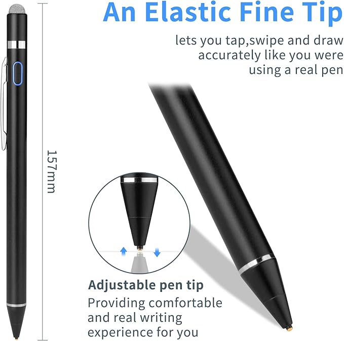 Stylus Pen for iPhone 16/15/14/13 Pro Max, Digital Pencil with 1.5mm Ultra Fine Tip with High Precision, 2-in-1 Fabric Magnetic Cap Pen Good for Drawing and Writing, Black