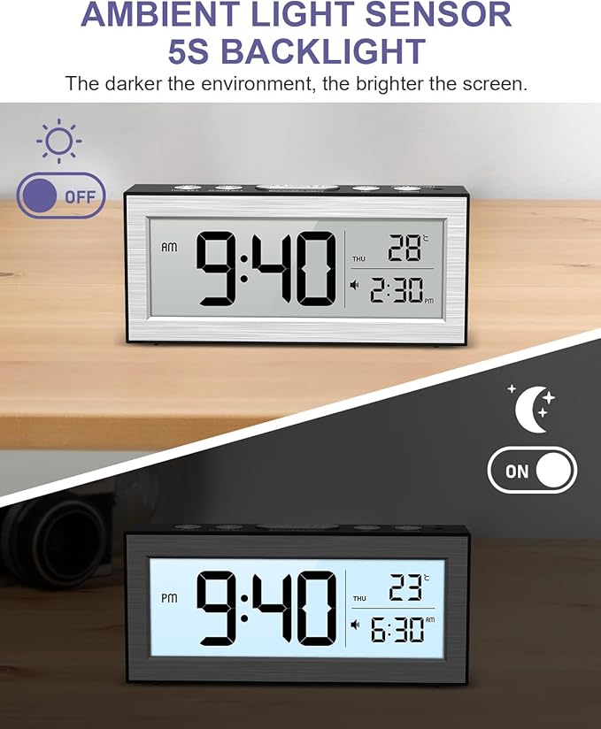 Battery Powered Alarm Clocks, Travel Alarm Clock with LCD Display, 12/24H, 5-Min Snooze, Bedside Clock with Auto Dimming Function and Working Mode, Suitable for Bedroom, Office, Travel