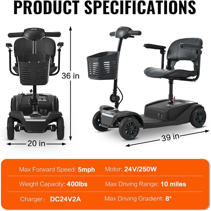 Mobility Scooter for Adults&Seniors - Electric Powered Wheelchair Device - 400 lb Capacity Compact Heavy Duty Mobile for Travel, Adults, Elderly - Long Range Power Extended Battery -Black