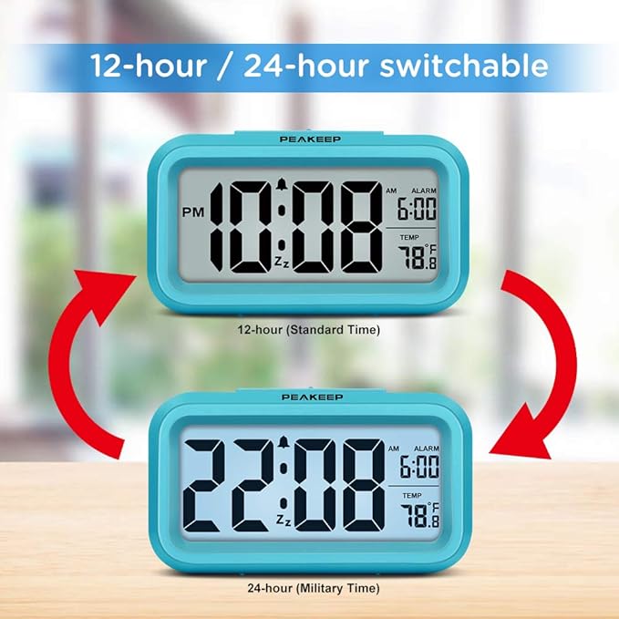 Peakeep Night Light Digital Alarm Clock Battery Operated with Indoor Temperature, Desk Small Clock (Blue)