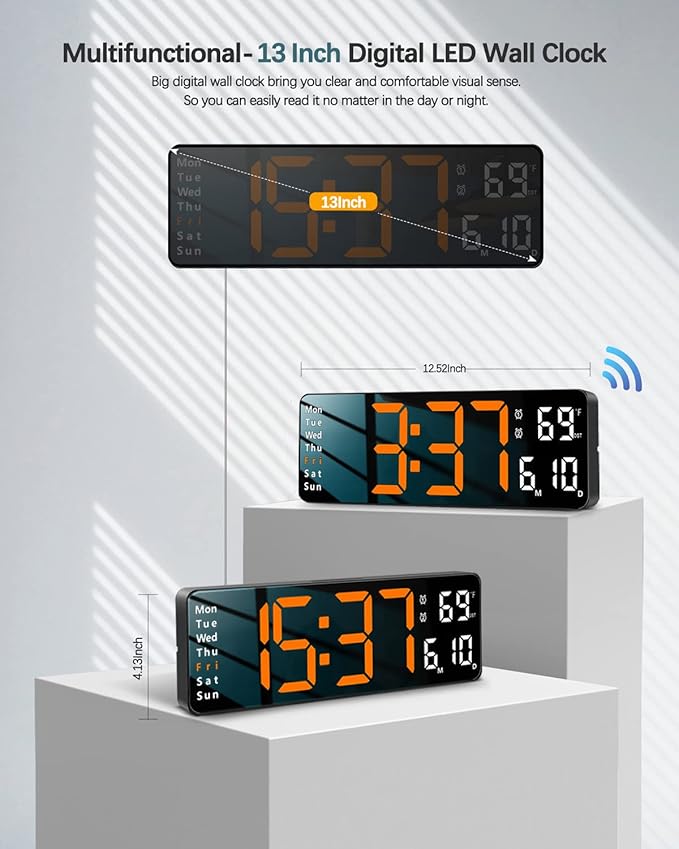 JoFomp Digital Wall Clock - 13" Large LED Display, Loud Alarm, Remote Control, DST, Auto-Dimming, Date and Day, Timer, Temperature - 12/24H Format - Ideal for Living Room, Bedroom, Kitchen