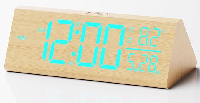 Solid Wood Digital Alarm Clock for Bedroom - 8.8 Inch Large Display for Living Room, See Time Instantly! Multicolor Backlight Time Display, Dual Alarms, Date/Temp/Day, DST, Snooze (Bamboo)