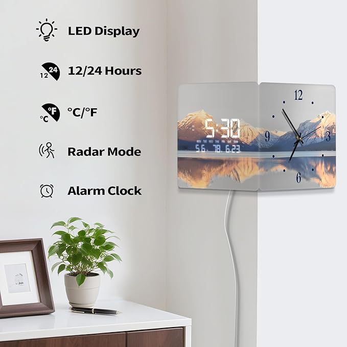 12'' Double Sided 90° Corner Wall Clock, Golden Sunrise & Lake, Radar Motion Activated, Analog & LED Display with Temp Humidity Date Day, Silent Non-Ticking Plug-in for Living Room Hallway