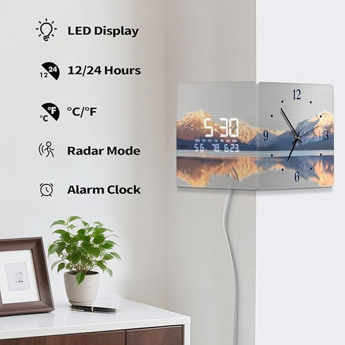 12'' Double Sided 90° Corner Wall Clock, Golden Sunrise & Lake, Radar Motion Activated, Analog & LED Display with Temp Humidity Date Day, Silent Non-Ticking Plug-in for Living Room Hallway