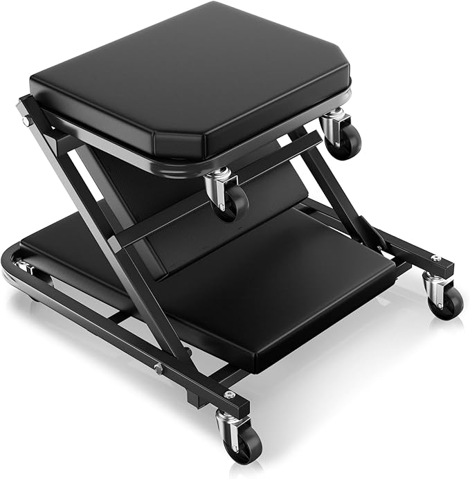 Auto Dynasty 36" Z-Creeper Seat, 2-in-1 Foldable Garage Creeper Shop Seat, 330 LBS Capacity Automotive Mechanic Repair Under Car Rolling Creeper Seat, Black