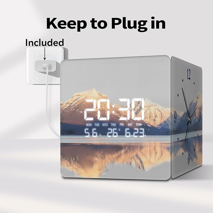 12'' Double Sided 90° Corner Wall Clock, Golden Sunrise & Lake, Radar Motion Activated, Analog & LED Display with Temp Humidity Date Day, Silent Non-Ticking Plug-in for Living Room Hallway
