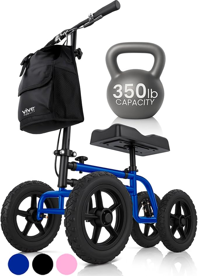 Vive Mobility All Terrain Knee Scooter Walker for Foot Injuries - Adult Broken Leg Crutch Cart Roller for Surgery, Broken Foot, Ankle Injury - Kneeling Rolling Steerable Seated Wheel Scooter Aid
