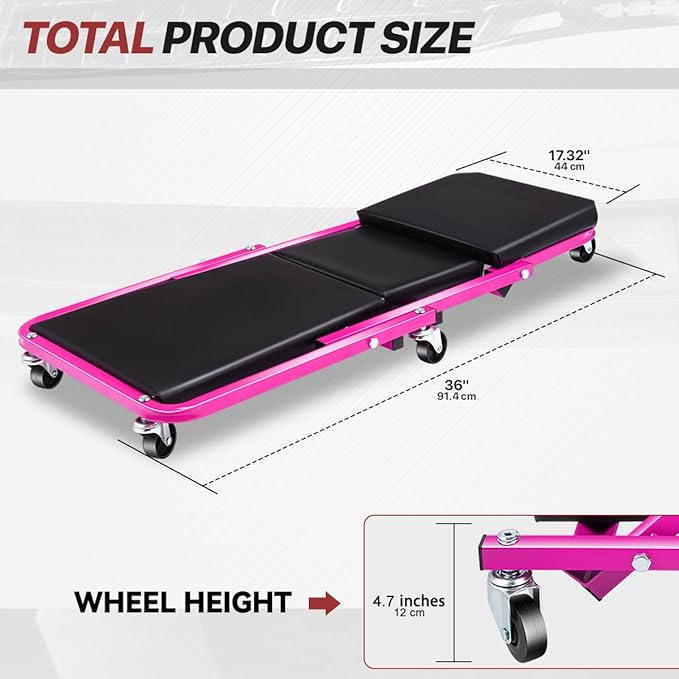 Foldable Creeper, 2-in-1 Rolling Garage Z Creeper Car & Seat, 36" Roller Mechanics Under Car Chair, 330 LBS Weight Capacity Heavy Duty, Rose Pink