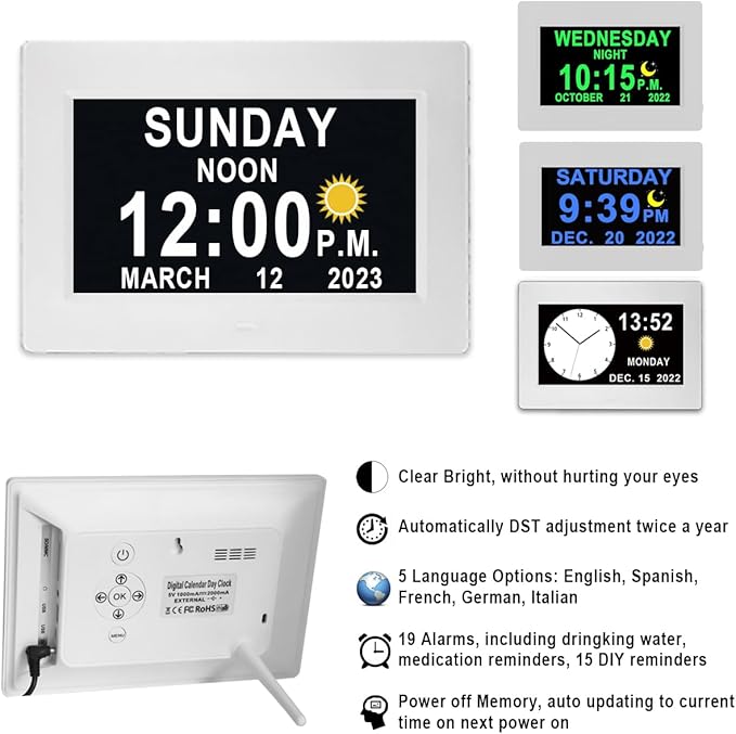 27 Alarms Digital Clock with Voice-Talking Time, Auto DST, 20 Custom Reminders, 10-Level Night Dimmer, Sleep Trainer, Day Date Week Calendar Clock for Seniors Dementia Alzheimers- 7 Inch with Remote