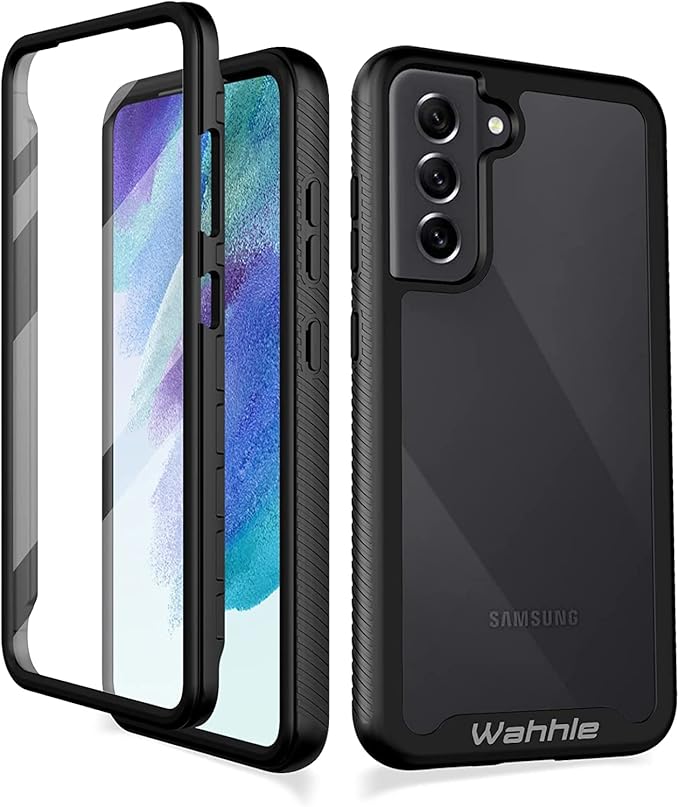 wahhle Compatible with Samsung S21 FE 5G Case, Built in Screen Protector Full Body Shockproof Slim Fit Bumper Protective Phone Cover for S21 FE 5G 6.5 Inch Men Women-Black/Clear
