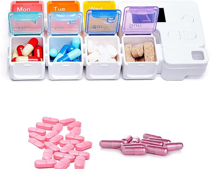 7 Days Pill Dispenser Organizer with Reminder Alarm,Daily Medicine Dispenser,Portable Weekly Pill Box,Travel Vitamins Fish Oils Small Supplements Medicine Box Case (Colorful)