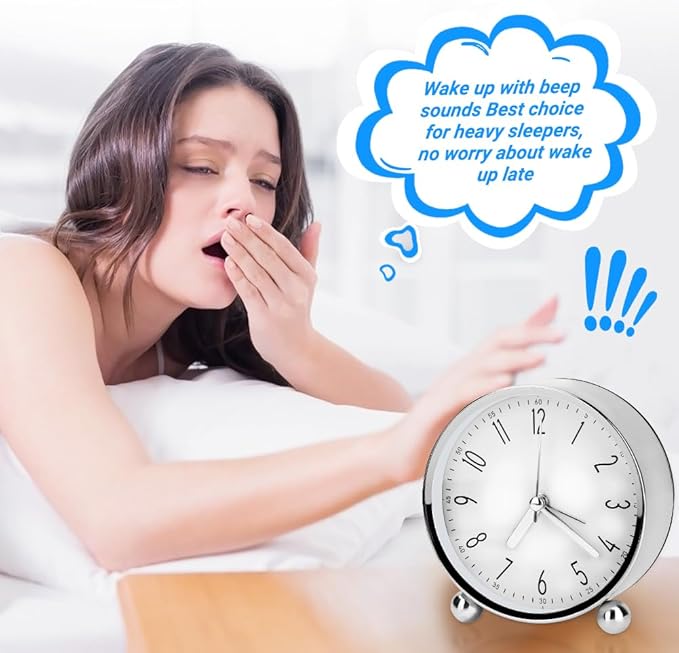 Welltop Analog Alarm Clock, 4 inch Super Silent Non Ticking Small Round Clock with Arabic Numerals Beep Sounds, Battery Operated, Lighted on Demand and Snooze, for Bedrooms Bedside Desk, Easy Set