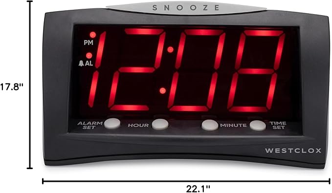 Westclox Digital Alarm Clock for Bedroom or Office, Large 1.8" Red LED Display with Oversized Snooze Bar, Corded with Battery Backup, (Black, 8-Inch)