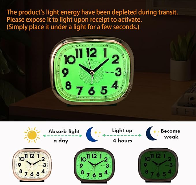 Vintage Retro Analog Alarm Clock, Battery Operated, Silent No Ticking, Glow in Dark Dial, Lighted on Demand and Snooze, Black, 4.7" x 3.9" x 2.7"