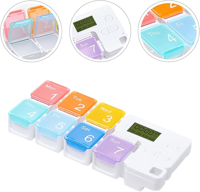 Ciieeo Weekly Electronic Pill Organizer with 7 Compartments, Portable Compact Medicine Case with Removable Boxes and Timed Alarm Reminder, Sealed Storage for Daily Vitamins and