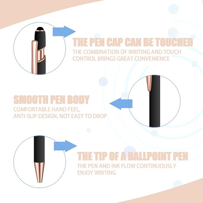 12 Pcs Blue Ink Ballpoint Pen with Stylus Tip, 1.0 mm Metal Pen Stylus Pen for Touch Screens, 2 in 1 Thank You Pen Gift for Friends, Colleagues, Coworker, Office, Family (Black Rose Gold)