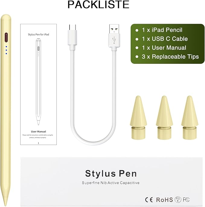 HATOKU Stylus Pen for iPad 2018-2026, 15 Mins Fast Charging Pencil 1st Gen with Tilt & Palm Rejection Digital Pens Stylus Pens for iPad 6-11, Air 3/4/5/M2/M3, Mini 5/6/7, Pro 11"/12.9"/M4 M5 (Yellow)