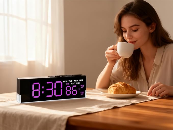 45MinST 7-Inch LED Digital Alarm Clock with Bottom Glow Light｜Displays Time, Date, Day, Temperature ｜Dual Alarms, DST,Auto/Manual 3-Level Brightness,Battery or USB Powered Desk Clock,Rose Red