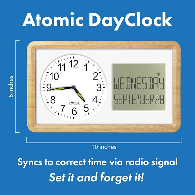Atomic 10” Clock Combines Analog Time and Digital Display for Day and Date - Battery Powered Soft Display - White with Woodgrain Accent Frame