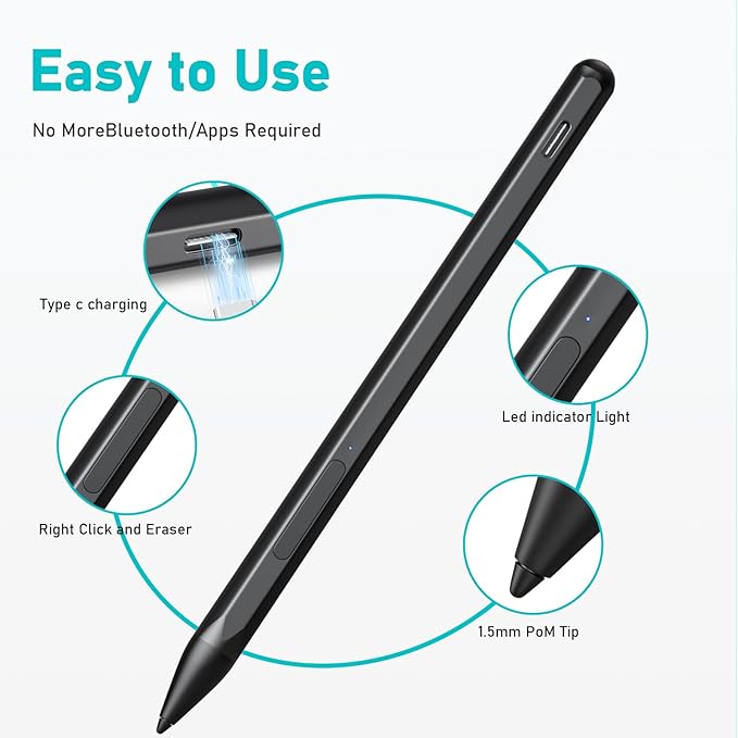 Stylus Pen for HP Envy X360 Pavilion X360 Specter X360 Spectre X2 Envy X2 Rechargeable MPP 2.0 Tilt Active Pen with 4096 Pressure Sensitivity, Palm Rejection, Tpye-c Charge, Black