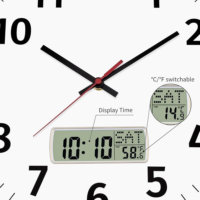 Foxtop 14 Inch Digital Wall Clock with Time, Day of Week and Temperature, Silent Non-Ticking Battery Operated Round Digital and Analog Black Wall Clock for Office Classroom Bedroom Home School