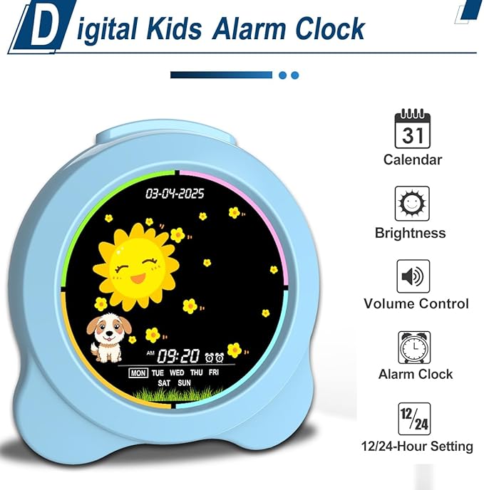 Kids Alarm Clock Sun & Moon LED Display with Day & Date OK to Wake Clock with Night Light for Kids Children's Sleep Trainer Gift for Boy and Girls (Blue)