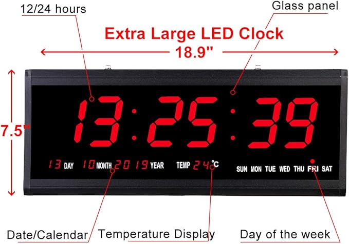 Rsobl 18.9 Inch Oversized LED Digital Wall Clock Large Display with Indoor Temperature Date and Day of Week,Electric Wall Clock/Calendar Timer Home Decor -Red
