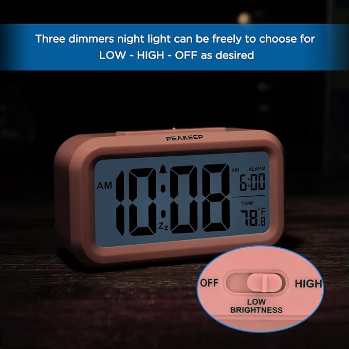 Peakeep Night Light Digital Alarm Clock with Indoor Temperature, Battery Operated Desk Small Clock (Light Salmon Pink)