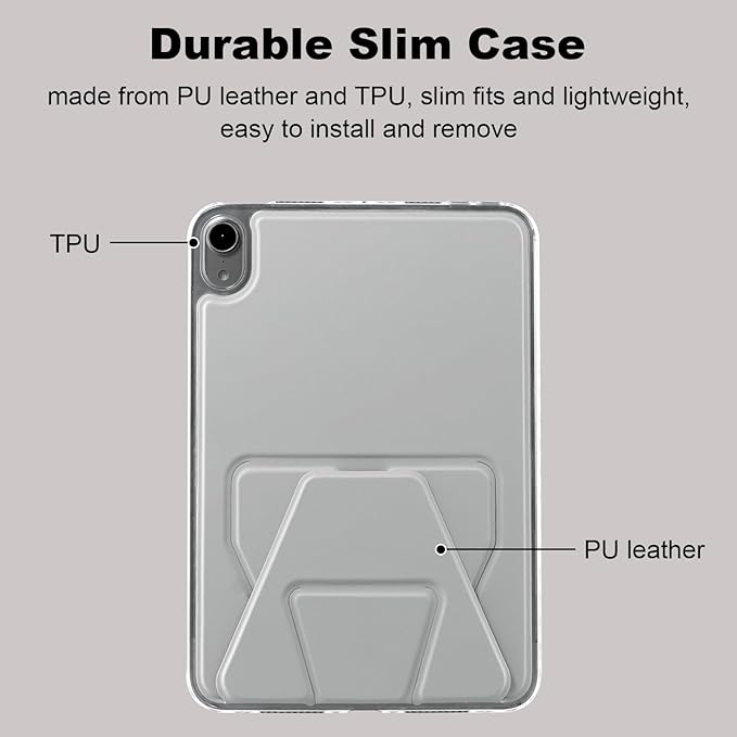 Dteck for iPad mini (A17 Pro), Mini 6 (6th Generation) 8.3" Slim Case with Kickstand/2 Screen Protector Films/Stylus, Ultra Thin Lightweight Solid Color PU Leather Protective Back Cover Shell, Gray