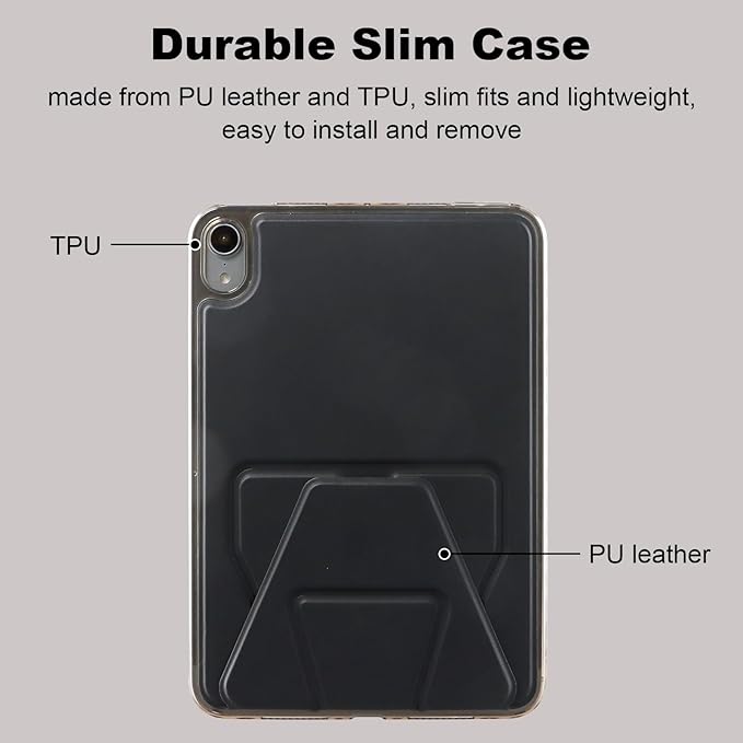 Dteck for iPad mini (A17 Pro), Mini 6 (6th Generation) 8.3" Slim Case with Kickstand/2 Screen Protector Films/Stylus, Ultra Thin Lightweight Solid Color PU Leather Protective Back Cover Shell, Black