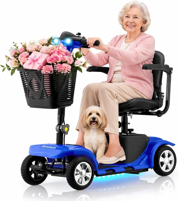 XERATH Mobility Scooters for Seniors Lightweight and Portable,Mobility Scooter with LED Headlights and Basket,lightest Foldable Mobility Scooter 4 Wheels Electric Powered Chargeable Device (Blue)