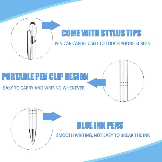 24 Pcs Blue Ink Ballpoint Pen with Stylus Tip 2 in 1 Ballpoint Pen 1.0 mm Blue Ink Metal Stylus Pen for Touch Screens Coworkers, Family, Colleagues, Office (White)