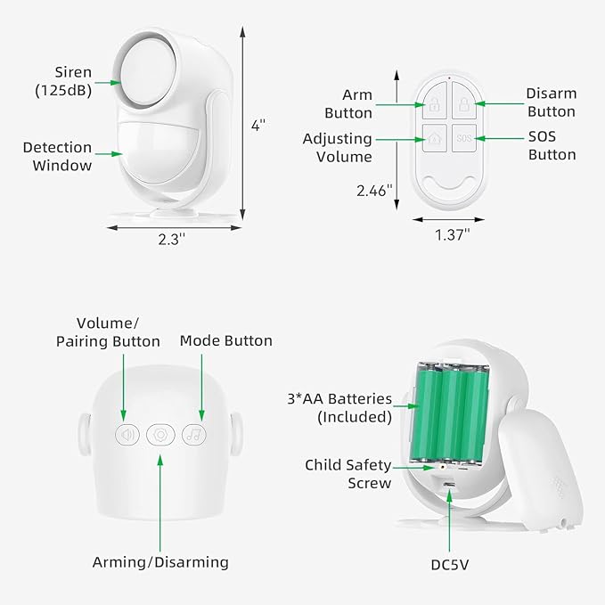125dB Loud Motion Sensor Alarm with 328ft Remote Control (40ft PIR Detector, 3*AA Batteries), Indoor Wireless Infrared Security Motion Detector with Siren for Home/Shed, White