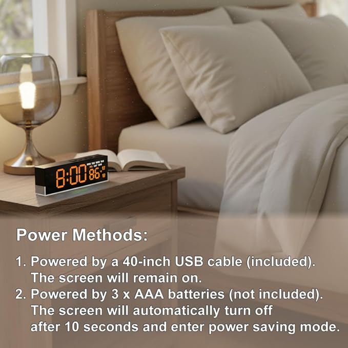 JENLYSTIME 7 Inch LED Digital Alarm Clock with Dual Alarms & Bottom Glow｜Displays Time, Date, Day, Temperature ｜3-Level Auto/Manual Brightness, DST, USB or Battery Powered Modern Desk Clock (Orange)