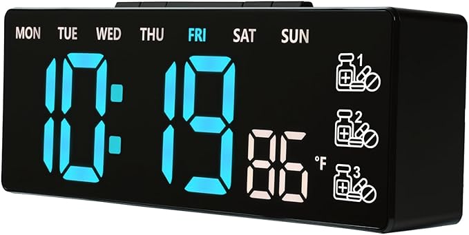 45MinST 8 Inch LED Digital Clock with Medication Reminder – Large Display with Time, Date, Day, Temperature, 3 Daily Reminders, Dual Alarm, Silent Electronic Clock for Home, Office, Bedroom(Blue)