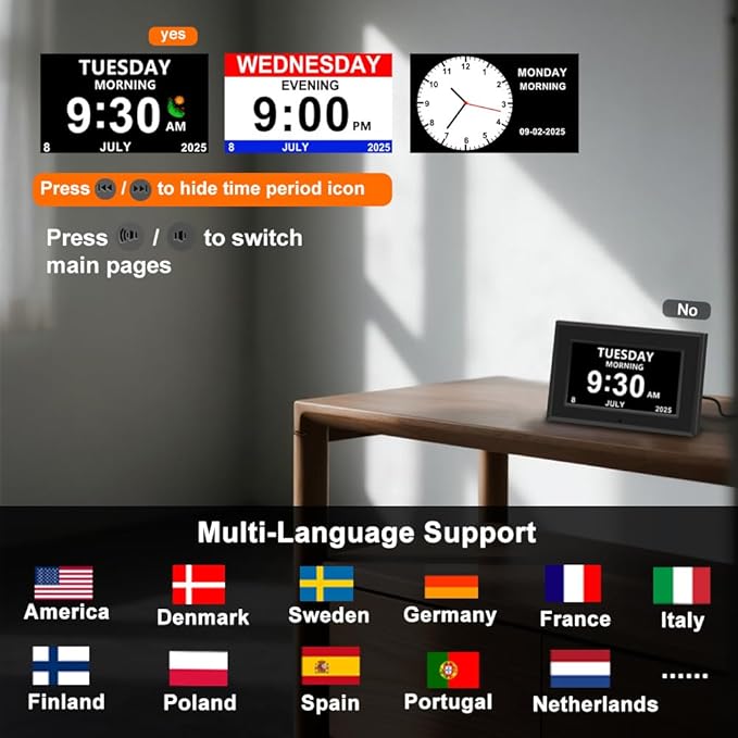 Digital Alarm Clock for Seniors - No-Abbreviation Date HD Display Auto Dimming Photo Frame DST Adjustment, Ideal Gift for Elders (7inch Black)