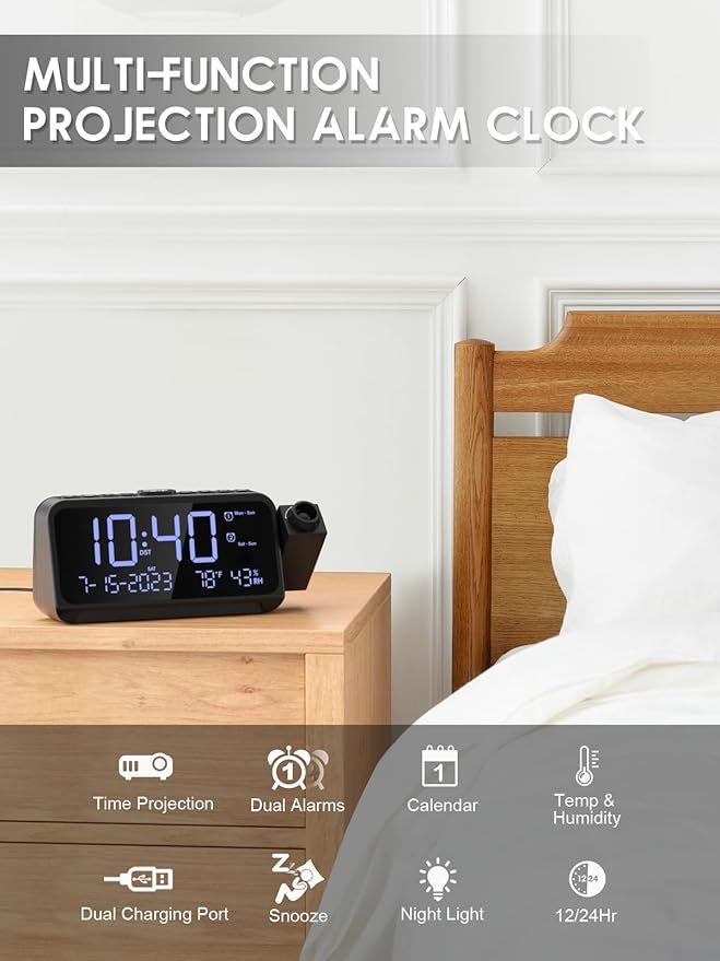ROCAM Projection Alarm Clock, Digital Clock with 180° Projector on Ceiling Wall, Dual Loud Alarm Clocks for bedrooms with Weekday/Weekend Mode,2 USB Ports, Dimmer, Temp, Humidity, Night Light, Snooze