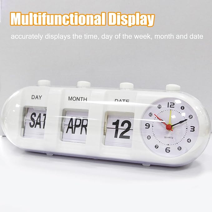 Flip Clock, Retro Table Clock Non Ticking Calendar Alarm Clocks Jump Desktop Clocks with Date, Month, Day of Week Display (White)