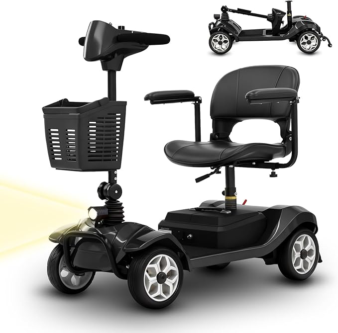 Mobility Scooter for Adults - 4 Wheels, 330lbs Capacity, 15Miles Long Range, Foldable Powered Mobility Scooter for Seniors, Elderly, Removable Battery, with Headlight, Charger & Basket