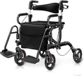 Goplus 2 in 1 Rollator Walker for Seniors, Medical Walker with Seat, Folding Transport Wheelchair Rollator with 8" Wheels, Reversible Backrest, Footrests, Aluminum Mobility Walking Aid (Black)