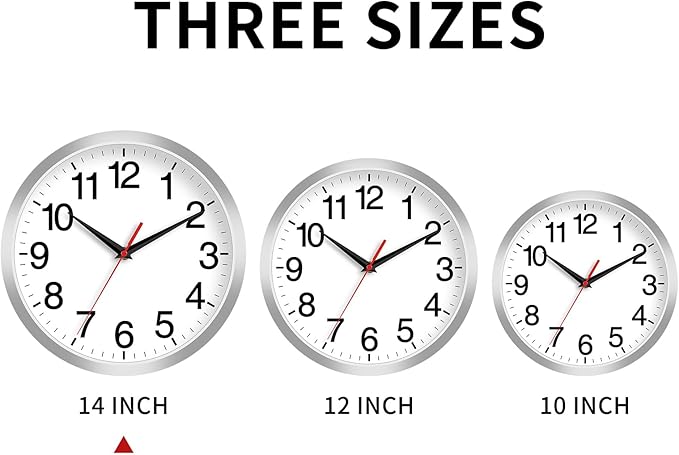 Rohioue 14 Inch Wall Clock Modern Battery Operated Silent Non Ticking Analog Clock Decorative for Bedroom Kitchen Bathroom Office Home Living Room (Silver)