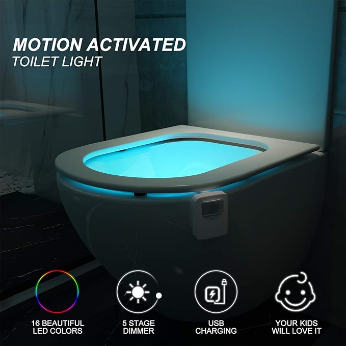 2 Pack Rechargeable Toilet Night Lights with 16-Color Motion Detection - Novelty Bathroom Bowl Light - Cool Funny Birthday Gag Stocking Stuffer Gadget Gifts for Adult Kids Men Father Dad Boys Toddlers