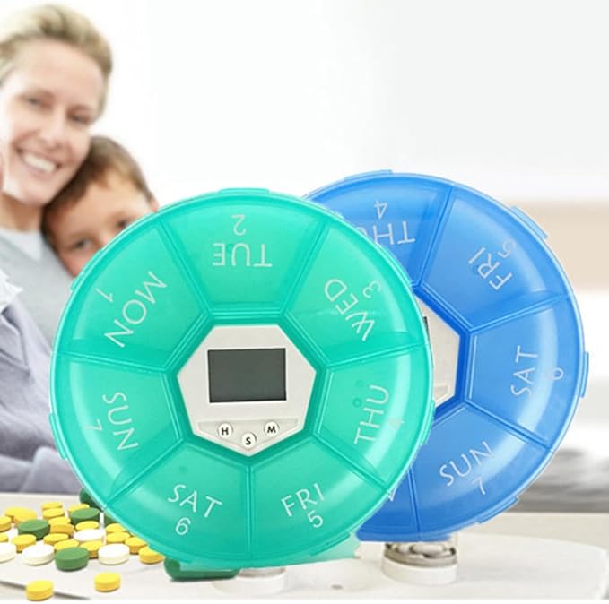 7-Compartment Electronic Alarm Pill Box, Portable Medication Reminder Organizer for Patients, Green Weekly Pill Container with Timer for Daily Medicine Management